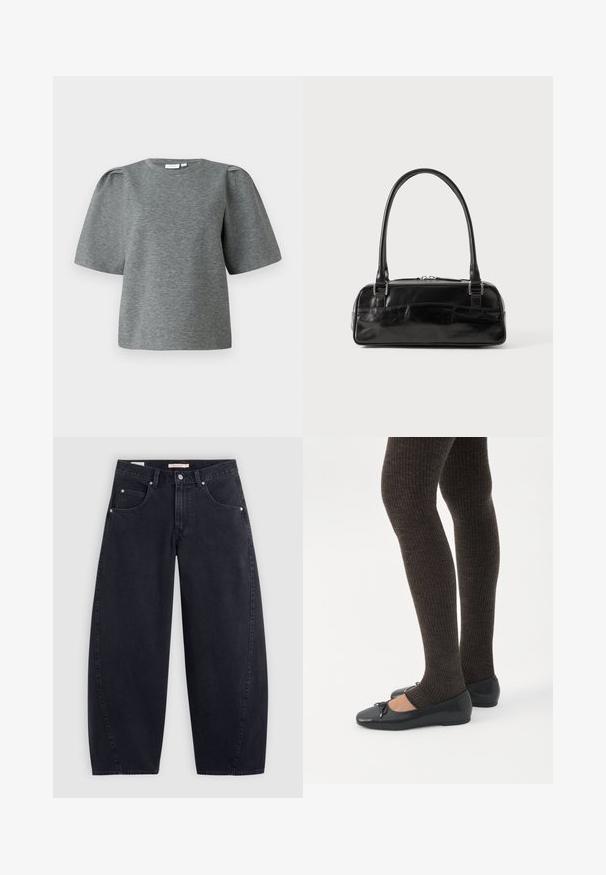 Grijs kortmouwtop van zacht stof, met een ronde hals en iets gepofte mouwen voor extra volume. Gladde textuur zonder patronen.; Zwarte denim wijde pijpen jeans met een hoge taille, twee frontzakken en zilveren hardware. Gladde textuur, minimale stiksels en rechte snit.; Benen met donkere geribbelde leggings gecombineerd met zwarte ballerina's met kleine strikdetails op een witte achtergrond.; Zwarte leren handtas met een rechthoekige vorm, voorzien van een enkele gestructureerde handgreep, zilveren hardware en ritsluiting. Gladde textuur.