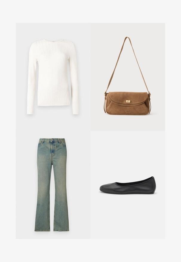 Hvid langærmet top lavet af ribstrikket stof. Har rund halsudskæring og en tætsiddende silhuet med teksturerede striber, der løber lodret.; Lysblå denim flare jeans med høj talje, fem lommer og lynlås. Ren, falmet finish med subtile syninger.; Sort læderballetsko med rund tå, glat tekstur, minimal syning og et fleksibelt såldesign.; Brun ruskind skuldertaske med en lang rem og en gylden rektangulær drejelåslås på den forreste klap mod en ensfarvet baggrund.