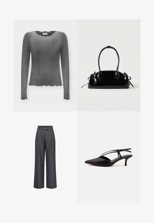 Haut en maille gris cintré à manches longues avec bords festonnés aux poignets, à l’ourlet et à l’encolure, présentant des détails côtelés verticaux et une étiquette "NOISY MAY" à l’intérieur.; Pantalon large taille haute gris foncé avec passants de ceinture, plis devant et fermeture avant dissimulée.; Escarpin noir en cuir à bout pointu avec petit talon kitten, fine bride de cheville avec boucle, design slingback, sur un fond uni clair.; Petit sac à main noir brillant avec deux longues anses et des détails à cordon sur les côtés sur un fond clair uni.