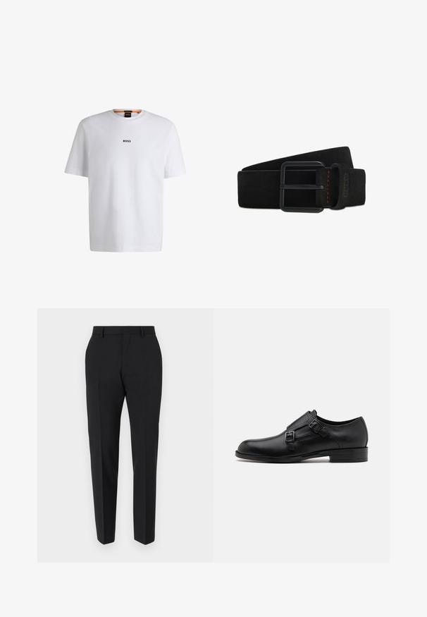 Hvid bomuld T-shirt med korte ærmer, med et sort "BOSS" logo centreret på brystet og en rund halsudskæring.; Sorte bukser med et skræddersyet design, flad front, pressefolder og en slank pasform. Lavet af et glat stof for et elegant udseende.; Sort læderherresko med dobbelte spænder, slank silhuet og rund tå. Har en lav hæl og glat tekstur.; Sort ruskindsbælte med mat sort rektangulær spænde og en løkke med diskrete røde syninger og præget logo.