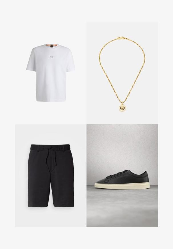 Camiseta de algodón blanca de manga corta, con un logotipo negro "BOSS" centrado en el pecho y un diseño de cuello redondo.; Pantalones cortos negros con un patrón texturizado, cinturilla elástica y cordón ajustable para un mejor ajuste. Longitud hasta el medio muslo, diseño simple sin bolsillos visibles.; Zapatillas de cuero negro con punta redondeada, cordones planos y una suela de goma color crema, con un diseño sutil y textura suave.; Collar de cadena de oro con un diseño de eslabones texturizados y un colgante circular con un motivo de león en relieve. Cierre de gancho incluido.