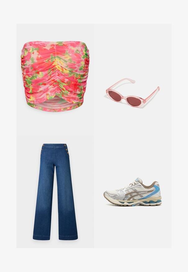 ONLY Petite ONLPARIS - Top - fuchsia pink; Denimbukser med vidde i benene i mørkeblå. Har en flad front med fem knapper i gylden tone til lukning. Glat tekstur med en klassisk finish.; Hvid og beige løbesko med blå accenter, netoverdel, polstret sål og snørelukning, vist fra ydersiden.; Lyserøde transparente solbriller med ovale linser, mørkerød toning og slanke stænger, der har en glat overflade og diskret detaljering på rammen.