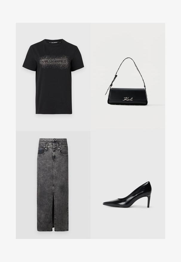 Μαύρο βαμβακερό T-shirt με υφασμένη σχεδίαση και μεταλλικές λεπτομέρειες που απεικονίζουν τη λέξη "KARL LAGERFELD" μπροστά.; Μαύρη τζιν μάξι φούστα με εμπρόσθιο σκίσιμο, διαθέτει ζώνη, θηλιές για ζωνάκι και δύο τσέπες. Ελαφρώς υφή στην επιφάνεια με ξεθωριασμένες περιοχές.; Μαύρο δερμάτινο ψηλοτάκουνο παπούτσι με μυτερή μύτη, λεία υφή και κοφτό τακούνι. Μινιμαλιστικός σχεδιασμός, χωρίς επιπρόσθετες διακοσμήσεις.; Μαύρη δερμάτινη τσάντα ώμου με ασημένιο λογότυπο "Karl" στο καπάκι και ρυθμιζόμενο λουράκι με ασημένιες τρούκς στις πλευρές.