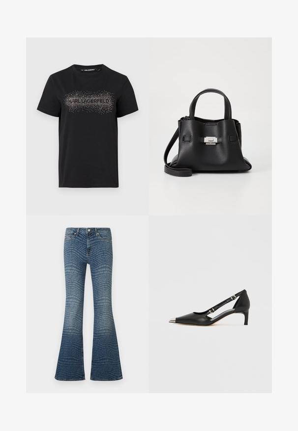 Sort bomulds t-shirt med et struktureret design og metalliske prikker, der staver "KARL LAGERFELD" over forsiden.; Blå vidde jeans med gentaget "JOOP! JEANS" logo mønster over det hele og klassisk fem-lomme design.; Sort læder kitten heel med spids sølvfarvet tåhætte og dobbelte spænderemme på hvid baggrund.; Sort læderhåndtaske med en tekstureret overflade, der har to bærehåndtag, en aftagelig skulderrem og en detalje med sølvspænde.