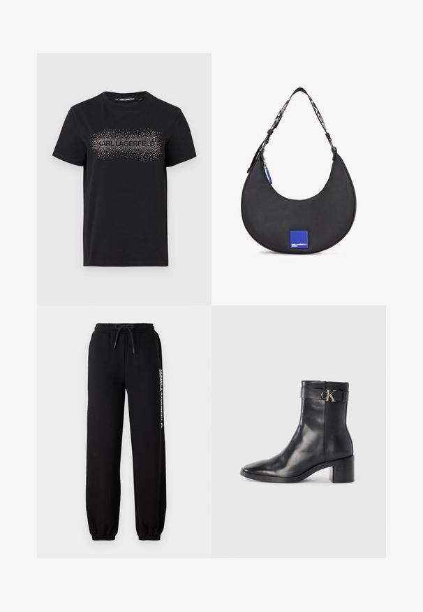 Camiseta de algodón negra con un diseño texturizado y adornos metálicos en forma de puntos que forman la palabra "KARL LAGERFELD" en la parte frontal.; Pantalones de chándal negros con cinturilla elástica, cordón ajustable y puños ceñidos. Presenta un logo blanco impreso en el lado izquierdo.; Bota de tobillo de cuero negra con punta afilada, tacón cuadrado y una correa con un detalle de logo metálico. Textura suave y diseño minimalista.; Bolso de hombro de cuero negro con una silueta curva, que presenta un acento de logo cuadrado azul y una correa de contraste con texto.