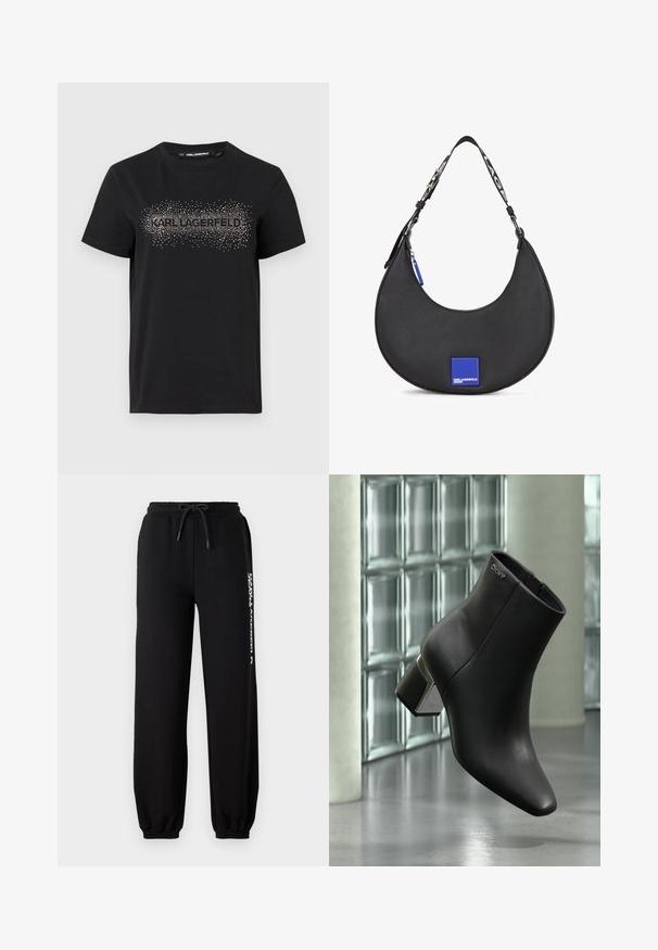 Camiseta de algodón negra con un diseño texturizado y adornos metálicos en forma de puntos que forman la palabra "KARL LAGERFELD" en la parte frontal.; Pantalones de chándal negros con cinturilla elástica, cordón ajustable y puños ceñidos. Presenta un logo blanco impreso en el lado izquierdo.; Botín de cuero negro con tacón cuadrado, logo DKNY cerca de la parte superior, exhibido frente a una pared de bloques de vidrio y suelo de hormigón pulido.; Bolso de hombro de cuero negro con una silueta curva, que presenta un acento de logo cuadrado azul y una correa de contraste con texto.