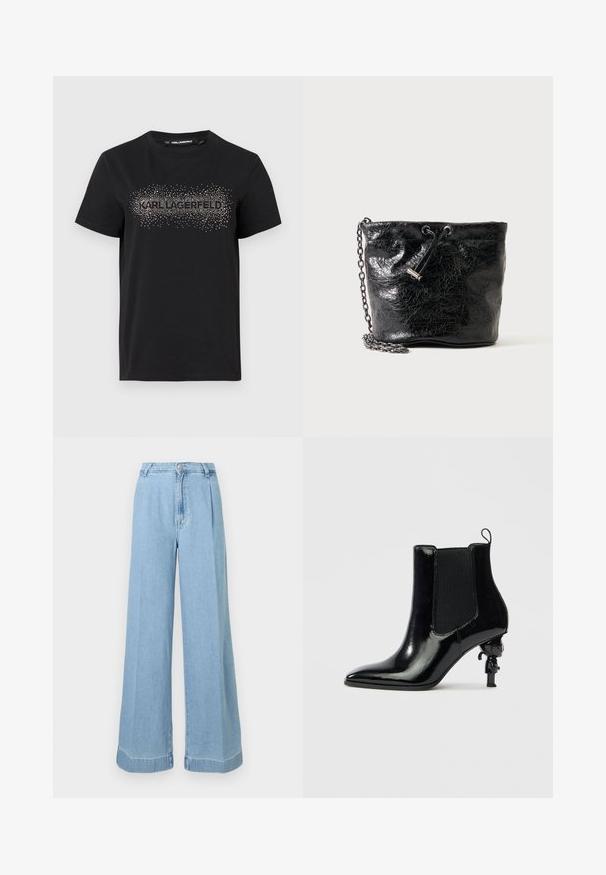 Zwarte katoenen t-shirt met een textuurontwerp en metallic stippenversieringen die "KARL LAGERFELD" op de voorkant spellen.; Lichtblauwe denim wijde jeans met een hoge taille, plooien aan de voorkant en een ruwe zoom voor een casual uitstraling.; Zwarte enkellaars van lakleer met elastische zijpanelen, een spitse neus en een uniek sculpturaal hakontwerp met een klein figuurtje.; Zwarte glanzende leren bucketbag met trekkoordsluiting en metalen kettingriem op een effen achtergrond.