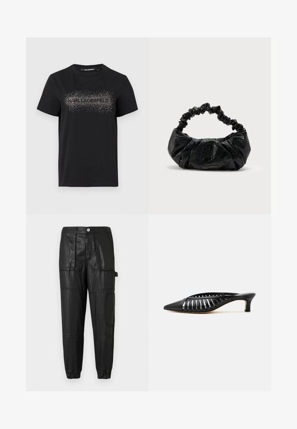 Zwarte katoenen t-shirt met een textuurontwerp en metallic stippenversieringen die "KARL LAGERFELD" op de voorkant spellen.; Zwarte leren broek met een elastische tailleband, taps toelopende manchetten en meerdere zakken. De stof heeft een licht glanzende afwerking.; Zwarte leren mule met puntige neus, riemdesign met uitsnijdingen en lage kittenhiel op een witte achtergrond.; Zwarte gestructureerde leren handtas met samengevouwen elastisch handvat en subtiel "Karl Lagerfeld Jeans" logo aan de voorzijde onderaan in het midden.