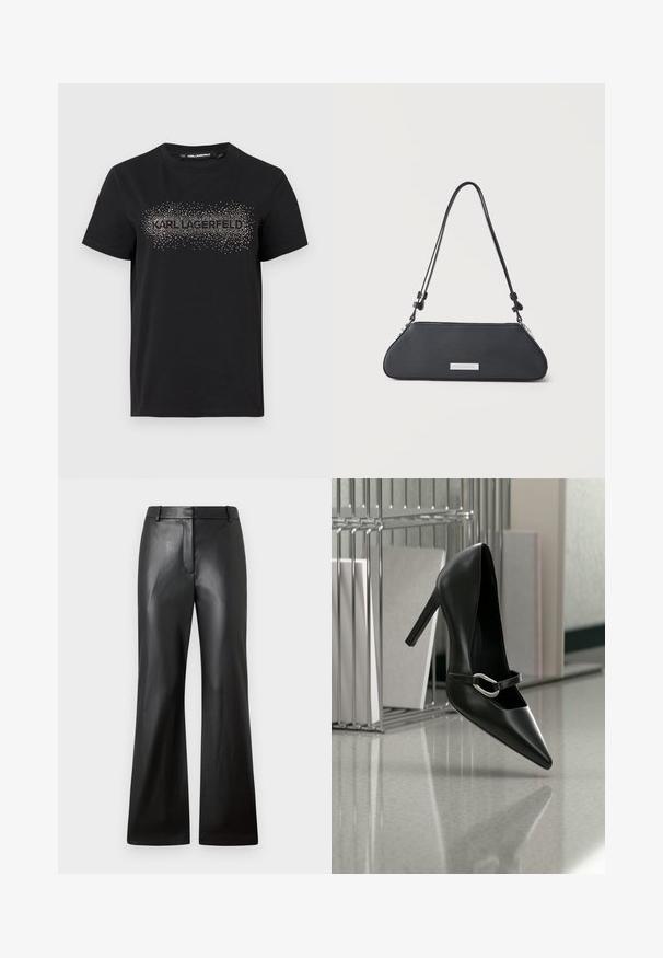 Schwarzes Baumwoll-T-Shirt mit strukturiertem Design und metallischen Punkterweiterungen, die "KARL LAGERFELD" auf der Vorderseite buchstabieren.; Schwarze Lederhosen mit glatter Textur, weit geschnittenem Design und mid-rise Bund mit Gürtelschlaufen und Fronttaschen.; Schwarzer, spitzer High-Heel-Schuh mit silberner Schnalle, auf einer reflektierenden Oberfläche nahe einem Metall-Datei-Organizer mit Papieren platziert.; Schwarze Leder-Umhängetasche mit verlängerter trapezförmiger Form, verstellbarem Riemen und silberner rechteckiger Markenplakette vorne.