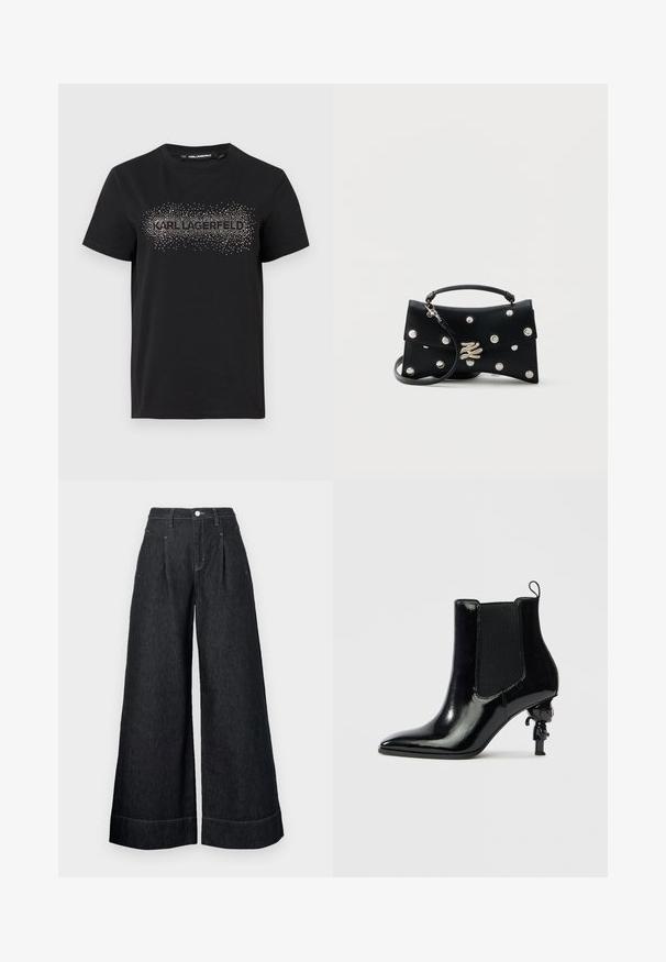 Camiseta de algodón negra con un diseño texturizado y adornos metálicos en forma de puntos que forman la palabra "KARL LAGERFELD" en la parte frontal.; Pantalones de mezclilla negros de pierna ancha con cintura alta, que presentan pliegues frontales, un cierre de botón y costuras en contraste en los dobladillos.; Botín de charol negro con paneles laterales elásticos, punta afilada y un diseño único de tacón escultórico que presenta una pequeña figura.; Bolso de mano de piel negra con tachuelas plateadas, asa superior, correa de hombro desmontable y cierre decorativo plateado sobre un fondo liso.