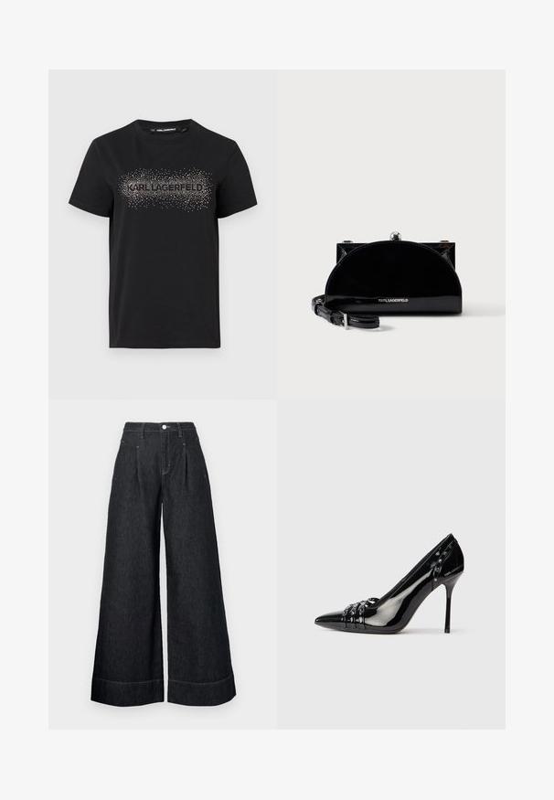 Camiseta de algodón negra con un diseño texturizado y adornos metálicos en forma de puntos que forman la palabra "KARL LAGERFELD" en la parte frontal.; Pantalones de mezclilla negros de pierna ancha con cintura alta, que presentan pliegues frontales, un cierre de botón y costuras en contraste en los dobladillos.; Zapato de tacón stiletto de charol negro con punta afilada, tres correas decorativas con tachuelas y la marca "Karl Lagerfeld" en el tacón.; Bolso de mano negro brillante en forma de media luna con cierre de marco plateado y correa ajustable, con el logo de Karl Lagerfeld en la parte frontal.