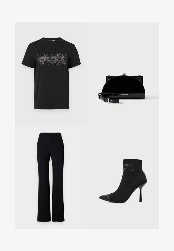 Sort bomulds t-shirt med et struktureret design og metalliske prikker, der staver "KARL LAGERFELD" over forsiden.; Sorte bukser med lige snit, glat tekstur og en talje med en enkelt knaplukning. Ingen synlige mønstre eller accenter.; Sort sokkelignende stilet højestøvle med spids tå, nittebeklædt tåhætte og dekorative rhinstenbogstaver på ankelskaftet.; Sort skinnende halvmåneformet clutch-taske med sølvrammelås og justerbar rem, mærket med Karl Lagerfeld-logo på fronten.