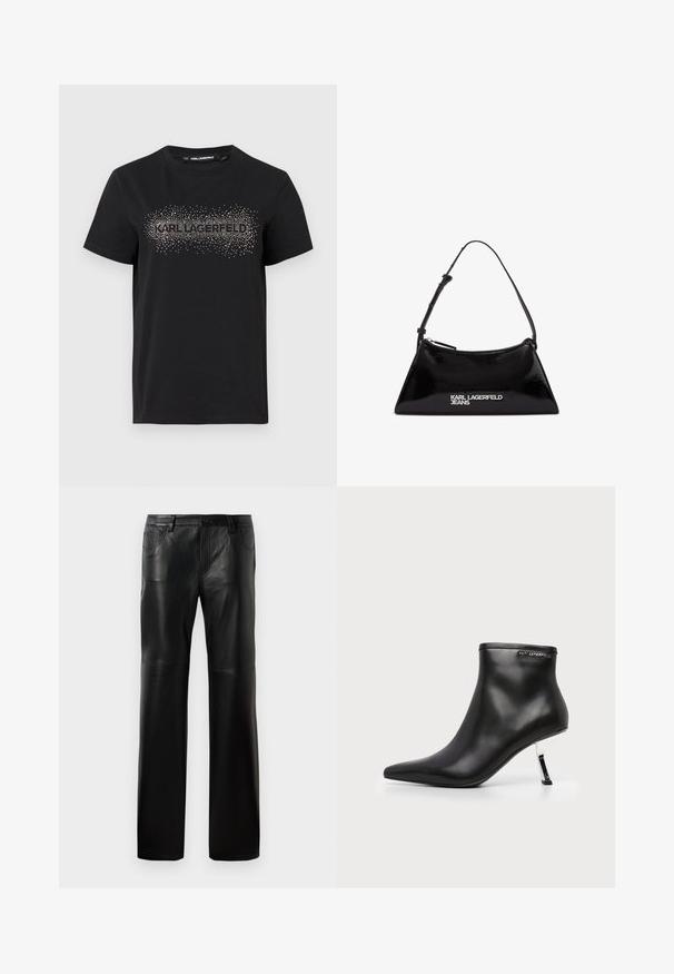 Camiseta de algodón negra con un diseño texturizado y adornos metálicos en forma de puntos que forman la palabra "KARL LAGERFELD" en la parte frontal.; Pantalones de cuero negro con corte recto, que presentan una cintura con botón, cinco bolsillos y costuras visibles a lo largo de las costuras.; Botín de cuero negro con puntera puntiaguda y tacón de aguja plateado brillante sobre fondo blanco.; Bolso de mano de charol negro con forma triangular, con cremallera superior y correa ajustable. Logo "KARL LAGERFELD JEANS" en plateado.