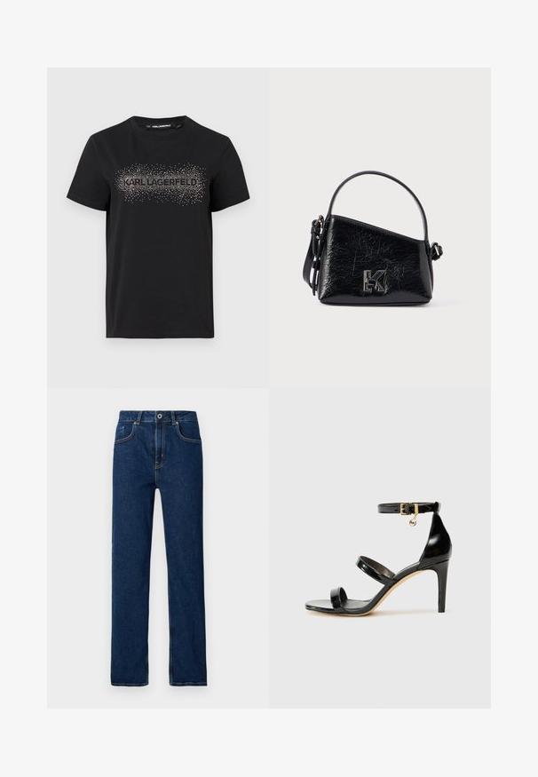 Must mustar T-särk, millel on tekstureeritud disain ja metallilised punktkaunistused, mis kirjutavad ette "KARL LAGERFELD".; Tumedat sinised denim teksad sirgete jalgadega, viie taskuga disain, nähtav õmblus ja metallist nööp sulgemiseks vöökoha juures.; Must musta nahk sandaal kolme rihmaga, pahkluu vööga ja 4-tollise stilettakontsaga. Omab kuldset detaili ja logovõtit.; Mustast tekstuuriga nahast käekott kolmnurkse kujuga, millel on lühike käepide, reguleeritav rihm ja metallist logo detail.