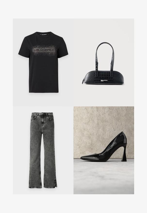Camiseta de algodón negra con un diseño texturizado y adornos metálicos en forma de puntos que forman la palabra "KARL LAGERFELD" en la parte frontal.; Vaqueros negros acampanados con un lavado desvaído, talle alto y aberturas laterales en el bajo. Hechos de mezclilla con una textura suave y un diseño clásico de cinco bolsillos.; Zapato de tacón alto de charol negro con punta afilada y un tacón stiletto curvado y angulado, suspendido sobre un suelo liso de color claro.; Bolso de mano de cuero negro con textura de cocodrilo, dos asas y el logo de Karl Lagerfeld Jeans en la parte delantera.