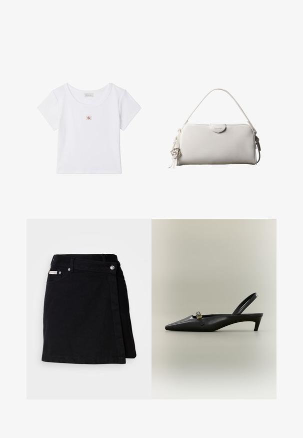 Hvid cropped t-shirt med korte ærmer, rund halsudskæring og lille firkantet Calvin Klein Jeans-logo på midten foran.; Sort denim mini nederdel med et omslag design, der har en front knappelukning, subtile syninger og et lille mærke ved taljen.; Sort læder slingback med kitten heel, spids tå og lille guldfarvet spænde på en ensfarvet baggrund.; Hvid rektangulær Calvin Klein håndtaske med enkelt håndtag, minimalistisk design og dekorative kvaster med geometrisk metalvedhæng på siden.