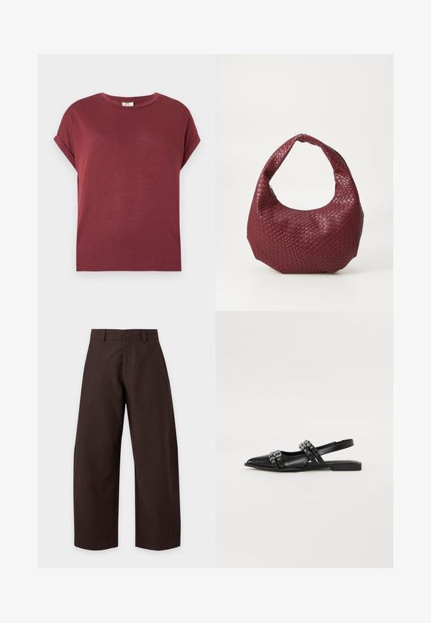 T-shirt bordeaux à manches courtes avec poignets retroussés, encolure ronde et coupe décontractée sur un fond uni clair.; Pantalon large marron foncé avec passants de ceinture et détails de couture avant, présenté sur un fond clair uni.; Even&Odd by Zalando Ballerines à brides arrière - black; Sac à main tissé bordeaux avec une silhouette arrondie, une seule poignée et une finition texturée. Fermeture zippée en haut.