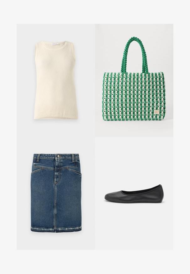 Ärmelloses cremefarbenes Top mit geripptem Muster und Rundhalsausschnitt. Der Stoff wirkt weich, hat eine figurbetonte Form und keine sichtbaren Muster oder Akzente.; Denimrock mit einem klassischen Blue-Wash, fünf Taschen-Design und fransigem Saum. Schließt mit einem vorderen Knopf und Reißverschluss.; Schwarze Leder-Ballettschuhe mit abgerundeter Spitze, glatter Textur, minimalen Nähdetails und einem flexiblen Sohlen-Design.; Grün-weiße gewebte Tragetasche mit strukturierter rechteckiger Form, strukturiertem Finish und zwei stabilen Griffen. Besitzt ein Logotag an der Seite.