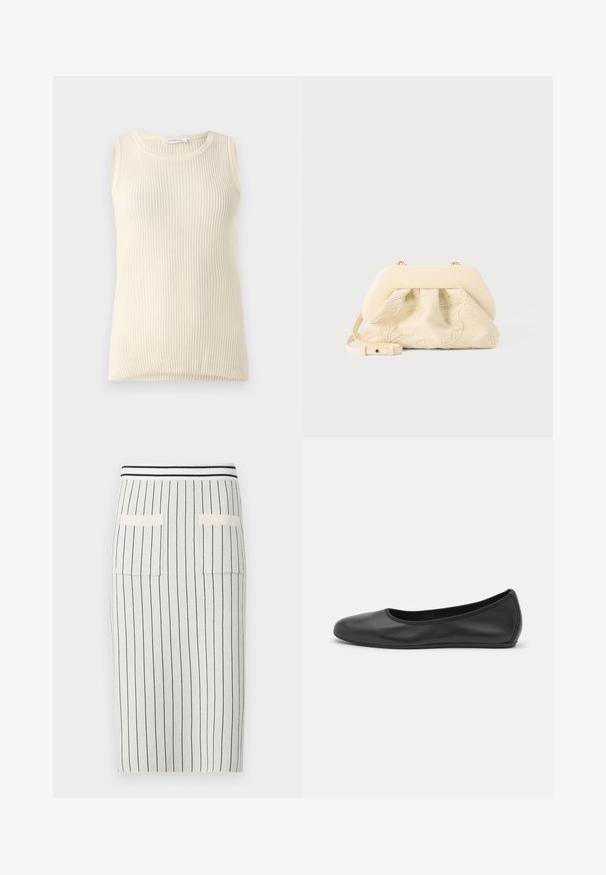 Ärmløs cremefarvet top med ribbet tekstur og rund halsudskæring. Stoffet ser blødt ud, med en tætsiddende form og ingen synlige mønstre eller accenter.; Strikpencilskørt i lysegrå med mørke lodrette striber, der har en ribbet talje og to baglommer. Glat tekstur.; Sort læderballetsko med rund tå, glat tekstur, minimal syning og et fleksibelt såldesign.; Håndtaske i kremfarvet stof med blomsterbroderi, blød afrundet topramme og justerbar rem, lagt foran på en lysegrå baggrund.