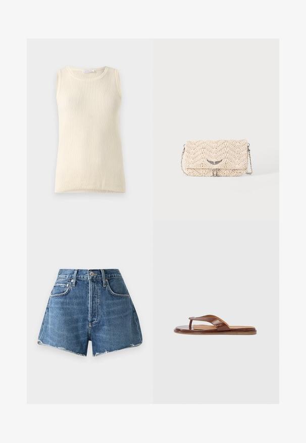 Mouwloze crèmekleurige top met geribbelde textuur en ronde hals. De stof lijkt zacht, met een aansluitende pasvorm en zonder zichtbare patronen of accenten.; Lichtblauwe denim shorts met een hoge taille, rafelige zoom, zijzakken en zichtbare stikseldetails. Voorzien van een klassieke knoop- en ritssluiting.; Bruine leren teenslipper met een textuurriem en een glad voetbed. Heeft een minimalistisch ontwerp en een vlakke zool, geschikt voor casual gebruik.; Beige geweven clutch tas met flap, metalen kettingriem en kleine zilveren vleugelvormige versiering aan de voorkant.