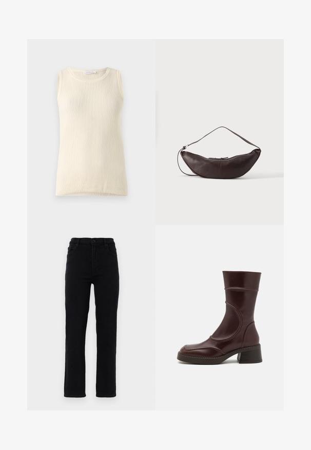 Ärmløs cremefarvet top med ribbet tekstur og rund halsudskæring. Stoffet ser blødt ud, med en tætsiddende form og ingen synlige mønstre eller accenter.; Sorte jeans i denim med lige ben, en mellemhøj talje og fem lommer. Har en frontlukning med knap og bæltestropper.; MIISTA MALENE - Støvletter - brown; Mørkebrun læder skuldertaske i halvmåneform med buet rem og synlige syninger på ensfarvet baggrund.
