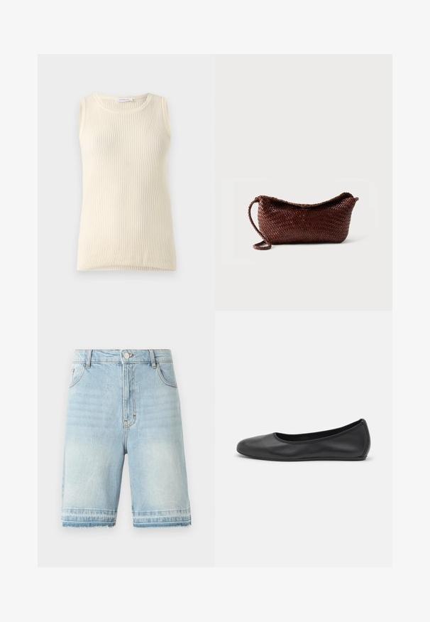 Ärmløs cremefarvet top med ribbet tekstur og rund halsudskæring. Stoffet ser blødt ud, med en tætsiddende form og ingen synlige mønstre eller accenter.; Lysblå denimshorts med en frynset kant, fem-lomme design og standard talje med knaplukning. Diskret falmning over det hele.; Sort læderballetsko med rund tå, glat tekstur, minimal syning og et fleksibelt såldesign.; Brun flettet lædertaske med en enkelt rem og buet top mod en ensfarvet hvid baggrund.