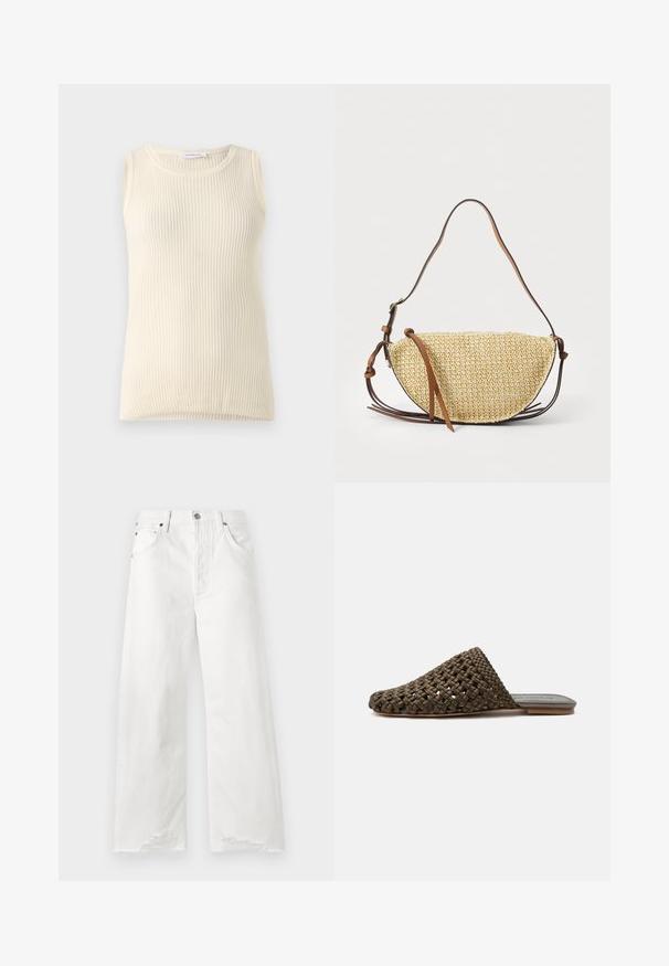 Ärmløs cremefarvet top med ribbet tekstur og rund halsudskæring. Stoffet ser blødt ud, med en tætsiddende form og ingen synlige mønstre eller accenter.; Hvide vide jeans lavet af denim, med høj talje, forlommer og flæser på kanten.; Brun vævet slip-on mule med flad sål og lukket rundet tå på hvid baggrund.; Vævet stråtask med en halvmåneform, der har en brun læderrem og accenter. Textureret, naturlig farve med glatte kanter.