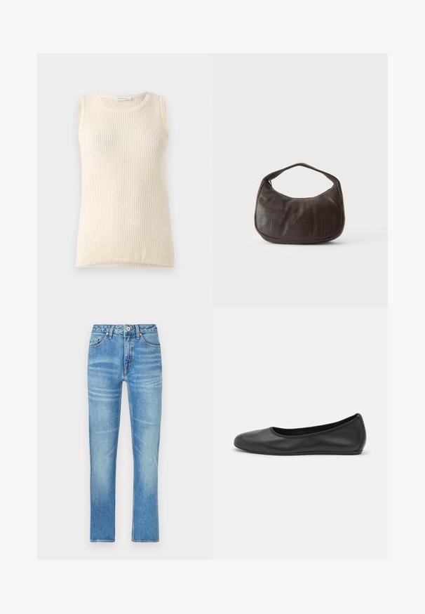 Mouwloze crèmekleurige top met geribbelde textuur en ronde hals. De stof lijkt zacht, met een aansluitende pasvorm en zonder zichtbare patronen of accenten.; Lichtblauwe denim jeans met een rechte pijp, voorzien van voorzakken, een knoopsluiting en subtiele vervaging over de stof.; Zwarte leren ballerina met een ronde neus, gladde textuur, minimale stikdetails en een flexibele zoolontwerp.; Kleine donkerbruine gestructureerde handtas met korte band en afgeronde onderkant op een effen lichte achtergrond.