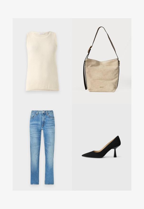 Top sin mangas de color crema con textura acanalada y escote redondo. La tela parece suave, con un corte ajustado y sin patrones o acentos visibles.; Jeans de denim azul claro con corte recto, que cuentan con bolsillos frontales, cierre de botón y un ligero desgaste en la tela.; Zapato de tacón alto de ante negro con punta afilada, que cuenta con un tacón de bloque negro brillante y un forro interior suave.; Bolso de hombro beige de ante con una sola correa y pequeño logotipo dorado de Michael Kors cerca del centro inferior.