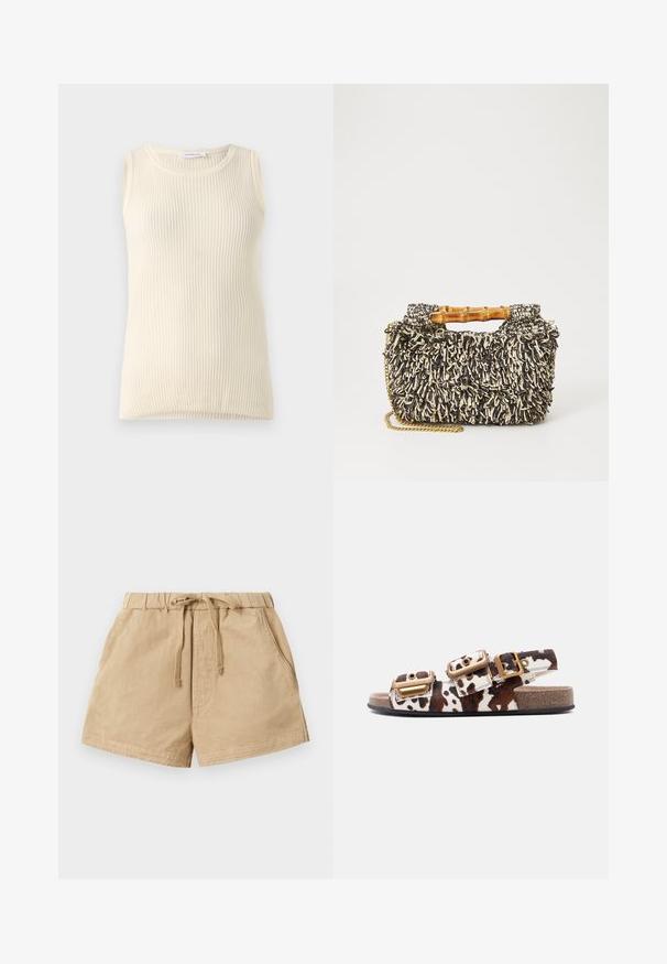 Mouwloze crèmekleurige top met geribbelde textuur en ronde hals. De stof lijkt zacht, met een aansluitende pasvorm en zonder zichtbare patronen of accenten.; Khaki shorts gemaakt van zachte stof, met een elastische tailleband met trekkoord, twee zijzakken en een relaxte pasvorm.; Open-toe platte sandaal met bruin-witte koeienprint, twee grote gouden gespen op de bandjes en een kurken zool.; Geweven tas met een gestructureerd zwart-en-crème patroon, bamboe handvat en een afneembare gouden kettingriem. Compacte rechthoekige vorm.