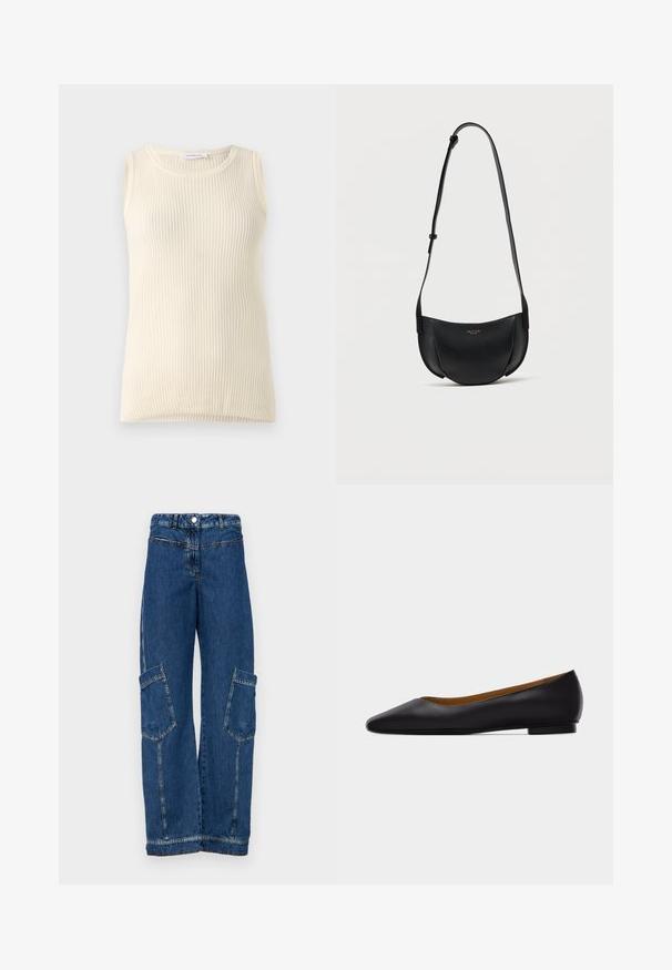 Haut sans manches crème avec une texture côtelée et un col rond. Le tissu semble doux, avec une coupe ajustée et sans motifs ni accents visibles.; Pantalons cargo en denim bleu avec une taille haute, une jambe large, deux grandes poches latérales et des détails de rivets et de coutures traditionnels.; Chaussure plate en cuir noir à bout pointu avec talon bas et finition lisse, vue de côté sur un fond gris clair.; Sac bandoulière en cuir noir en forme de croissant avec bandoulière réglable et petit logo doré au centre avant.