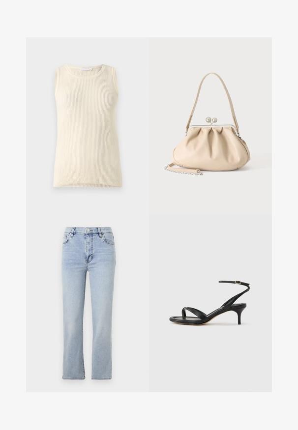 Ärmelloses cremefarbenes Top mit geripptem Muster und Rundhalsausschnitt. Der Stoff wirkt weich, hat eine figurbetonte Form und keine sichtbaren Muster oder Akzente.; Hellblaue Jeans aus Denim mit geradem Bein, fünf Taschen, einem Knopf- und Reißverschluss sowie sichtbaren Nahtdetails.; Schwarze Ledersandale für Damen mit dünnen Riemchen, einer Zehenlasche, einer Knöchelschnalle und einem mittelhohen Stöckelabsatz vor neutralem Hintergrund.; Beige weiche Lederhandtasche mit silbernem Metallrahmenverschluss, einem Schulterriemen und einem optionalen Kettenriemen auf weißem Hintergrund.