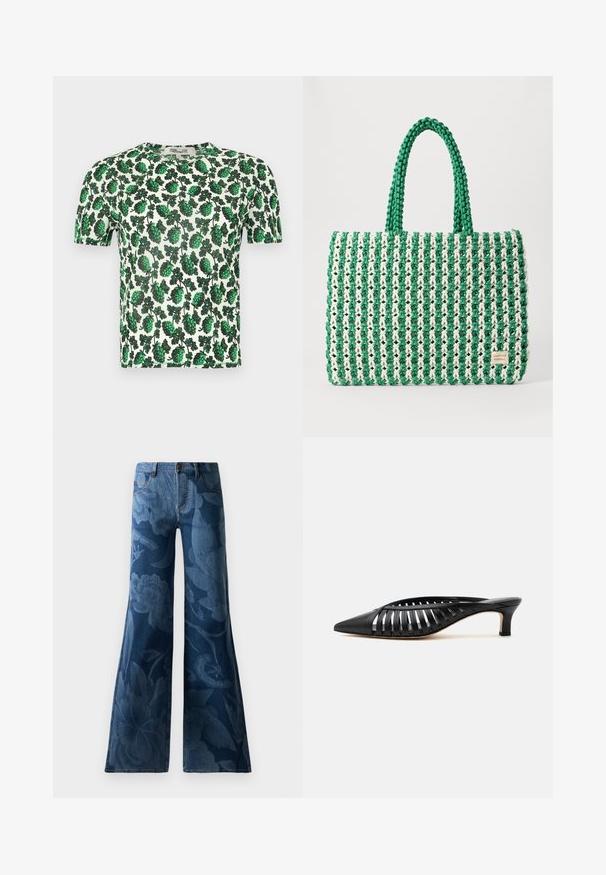 Groene bloemen top met korte mouwen, versierd met grote bladerenpatronen op een witte achtergrond, gemaakt van lichtgewicht, rekbaar materiaal.; Flared spijkerbroeken in donkerblauw met een tonale bloemenprint. Standaard vijf-pocketdesign met een voering van knoop en ritssluiting.; Zwarte leren mule met puntige neus, riemdesign met uitsnijdingen en lage kittenhiel op een witte achtergrond.; Groene en witte geweven tote bag met een gestructureerde rechthoekige vorm, textuur afwerking en twee stevige handvatten. Heeft een logo label aan de zijkant.