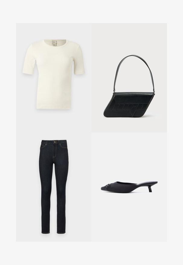 Off-white, kortærmet ribstrikket top med rund halsudskæring og Calvin Klein-mærke på indersiden af kraven bagpå.; Mørkeblå skinny jeans lavet af denim, med et klassisk fem-lomme design, guld stikninger og en knaplukning i taljen.; Sort mule sko til kvinder med spids tå, overdelsmateriale i stof, lille kittenhæl og en dekorativ sløjfe foran, vist i sideprofil.; Sort skuldertaske i læder med trekantet form, præget logo og en enkelt justerbar rem. Minimalistisk design med glat tekstur.