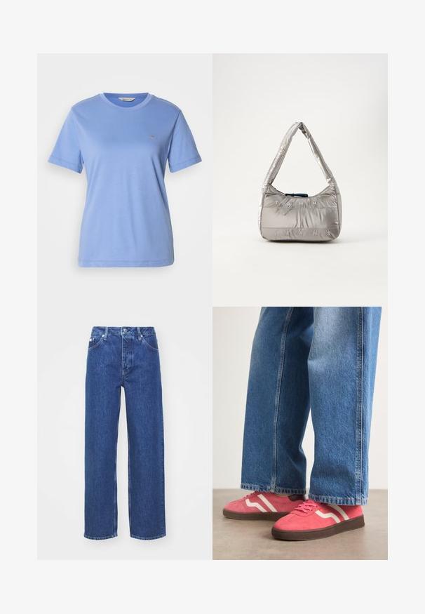 T-shirt bleu clair à manches courtes en coton doux avec un col rond et un petit logo brodé sur la poitrine. Texture unie, coupe décontractée.; Jeans en denim bleu à jambe large avec taille haute, dotés d'un zip et d'une fermeture à bouton, de passants de ceinture et de détails légèrement décolorés sur le tissu.; Baskets en suede rose avec des rayures blanches ondulées et des semelles en caoutchouc marron, associées à un jean en denim light blue à jambes larges.; Sac à main puffer argenté avec une silhouette incurvée, doté d'une fermeture éclair et du logo "TOMMY JEANS" en relief à l'avant. Texture lisse et brillante.
