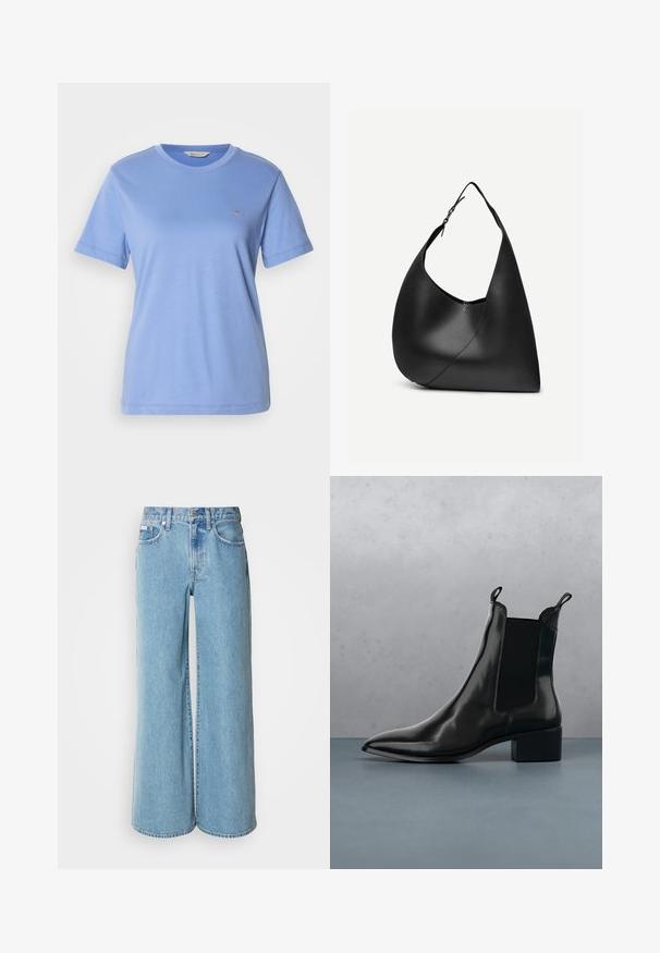 Lichtblauw T-shirt met korte mouwen van zacht katoen, voorzien van een ronde hals en een klein geborduurd logo op de borst. Effen textuur, casual pasvorm.; Lichtblauwe wijde jeans van denim, met een hoge taille, vijf pockets en subtiele vervaging langs de stof.; Zwarte leren Chelsea boot met een spitse neus, elastische zijpanelen en een chunky hak, rustend boven een oppervlak met een steen- en houtpatroon.; Zwarte leren schoudertas met gebogen driehoekige vorm, enkele verstelbare riem en zichtbare diagonale naad aan de voorkant.