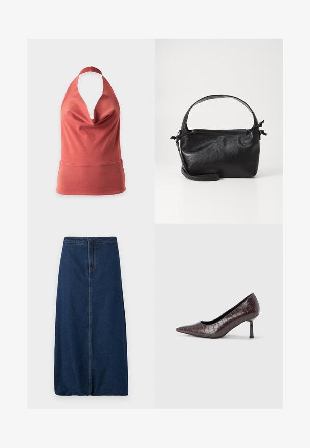 Haut dos-nu sans manches rouge rouille avec un col bénitier drapé et un large ourlet côtelé, présenté sur un fond blanc uni.; Jupe droite en denim bleu foncé avec couture à l'avant et ceinture, longueur genou, sans poches ni boutons visibles, design sobre.; Escarpins à bout pointu en similicuir marron avec une texture crocodile, dotés d’un talon fin et angulaire ainsi que d’une doublure intérieure lisse.; Sac à main en cuir noir au design structuré, avec une poignée arrondie et une bandoulière amovible. Présente une texture lisse et un éclat subtil.
