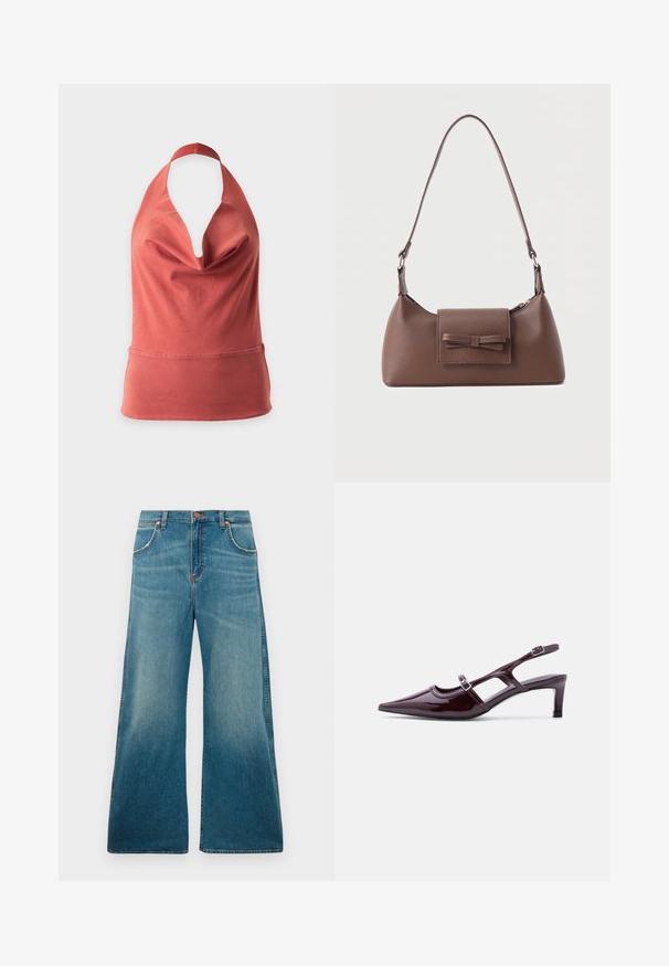Ärmelloses rostrotes Neckholder-Top mit drapiertem Wasserfallausschnitt und breitem Rippbund, auf schlichtem weißen Hintergrund präsentiert.; Hochtaillierte blaue Jeans aus Denim mit weitem Bein, frontalen Taschen, Knopfverschluss und einem verblassten Farbverlauf von der Taille bis zum Saum.; Bordeauxfarbener Slingback-Schuh aus Lackleder mit spitzer Zehenpartie, niedrigem Absatz und doppelten verstellbaren Schnallenriemen.; Braune Leder-Umhängetasche mit einer vorderen Klappentasche, die ein gestepptes Schleifendetail und einen verstellbaren Riemen aufweist.
