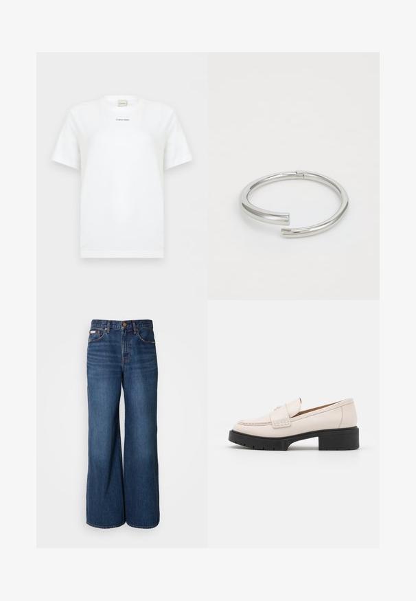 Witte T-shirt met korte mouwen en ronde hals, met een klein zwart "Calvin Klein" logo in het midden van de borst, effen achtergrond.; Wijdvallende jeans van donkerblauwe denim. Kenmerken zijn een hoge taille, vijf zakken en contrasterende oranje stiksels langs de naden.; Lichtbeige leren loafers met een gestikte voorkant en een textuur met een zwarte plateauhak. Beschikt over een gebogen ontwerp en een lichte verhoging.; Calvin Klein SPIRAL - Armband - silver-coloured