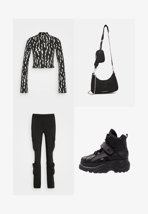 Monki Longsleeve - black; Weekday ILA CARGO TROUSER - Cargobroek - black; Zwarte hoge sneakers met een dikke rubberen zool, leren bovenwerk, veters en klittenbandsluitingen, en gedetailleerde zijkanten met textuur.; Zwarte nylon schoudertas met een gebogen vorm, zilveren kettingaccent, afneembaar mini-zakje en verstelbare schouderband; voorzien van het "Steve Madden" logo.