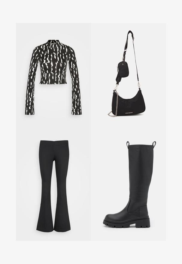 Monki Longsleeve - black; Monki Broek - black; Zwarte kniehoge laars van soepel leer met een chunky zool en een lichte hak. Voorzien van trekbanden en elastische zijpanelen voor gemakkelijk aan- en uittrekken.; Zwarte nylon schoudertas met een gebogen vorm, zilveren kettingaccent, afneembaar mini-zakje en verstelbare schouderband; voorzien van het "Steve Madden" logo.