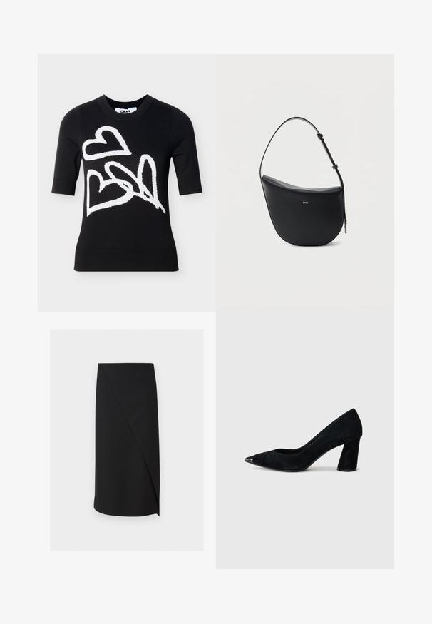 Zwarte trui met korte mouwen met drie grote witte harten in abstracte stijl op de voorkant, ronde hals, DKNY-label aan de binnenkant van de kraag.; Zwarte kokerrok tot op de knie met een asymmetrisch voorpand detail op een witte achtergrond.; Zwarte suède hoge hakpumps met een puntige neus, voorzien van een glanzende zwarte kapneus en een chunky, taps toelopende hak.; Zwarte halfmaansvormige leren schoudertas met verstelbare riem en goudkleurig "BOSS"-logo middenvoor.