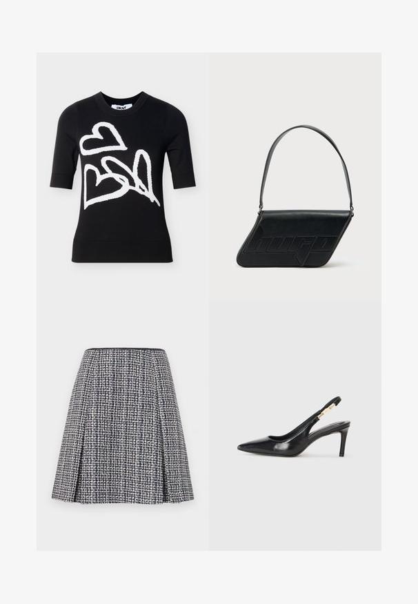 Sort kortærmet sweater med tre store hvide hjerter i abstrakt stil på fronten, rund halsudskæring, DKNY-mærke inde i kraven.; Marineblå tweednederdel med et struktureret mønster, flagrende silhuet og plisseringer. Livremmen er sort, hvilket fremhæver nederdelens design.; Sort læder slingback højhælede sko med spidse tæer, glat overflade og en smal ankelrem med guldfarvede hardware detaljer.; Sort skuldertaske i læder med trekantet form, præget logo og en enkelt justerbar rem. Minimalistisk design med glat tekstur.
