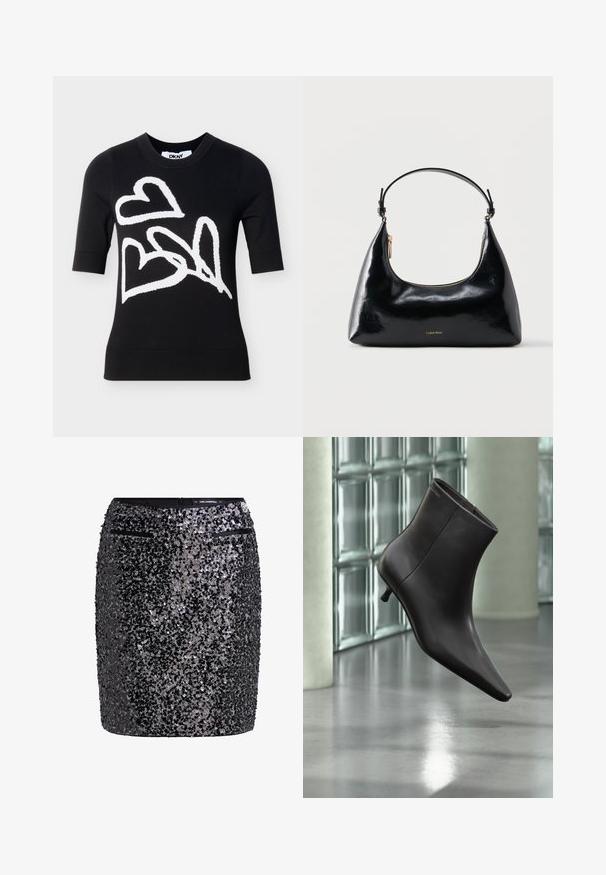 Sort kortærmet sweater med tre store hvide hjerter i abstrakt stil på fronten, rund halsudskæring, DKNY-mærke inde i kraven.; Sort paillet-miniskørt med en tæt design, der har en struktureret overflade og to små lynlåslommer foran.; Sort læderankelstøvle med spids tå og lille hæl vist mod en væg af glasblokke og poleret gulv baggrund.; Sort blank Calvin Klein håndtaske med gyldent lynlås og kort rem mod en ensfarvet hvid baggrund.