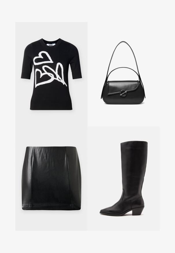 Pull noir à manches courtes avec trois grands cœurs blancs en contours de style abstrait sur le devant, col rond, étiquette DKNY à l'intérieur du col.; Jupe mini en simili cuir noir avec un surpiqûre sur le panneau avant et une légère brillance, posée à plat sur un fond neutre.; Botte en cuir noire mi-mollet avec un bout pointu et un talon bas incliné sur un fond clair uni.; Sac à bandoulière en cuir noir avec un rabat incurvé fermé par un fermoir métallique rond et une sangle fine et ajustable.