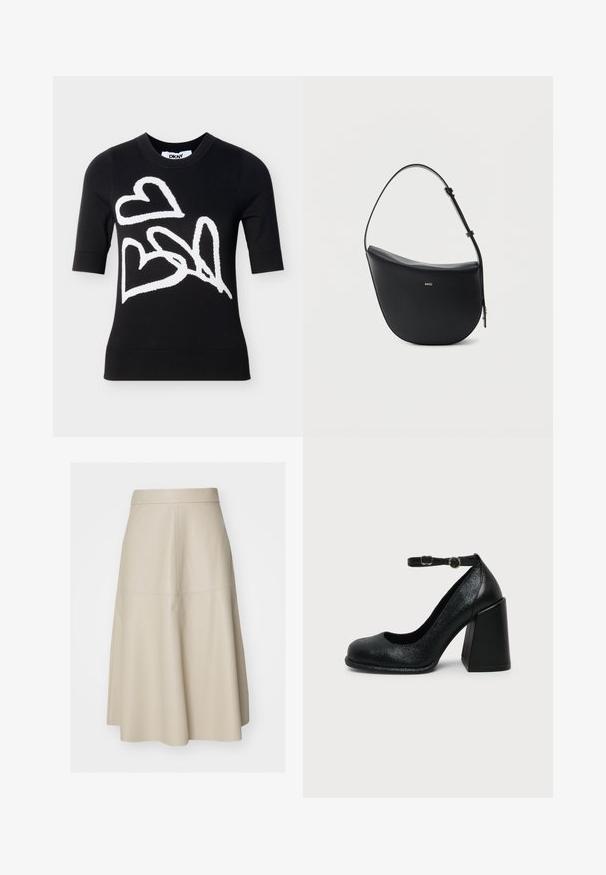 Zwarte trui met korte mouwen met drie grote witte harten in abstracte stijl op de voorkant, ronde hals, DKNY-label aan de binnenkant van de kraag.; Beige A-lijn midi-rok met zichtbare naaddetails en een aansluitende tailleband, gemaakt van glad leerachtig materiaal.; Zwarte leren hoge hak met afgeronde neus en verstelbare enkelband met gouden gesp op een effen lichte achtergrond.; Zwarte halfmaansvormige leren schoudertas met verstelbare riem en goudkleurig "BOSS"-logo middenvoor.