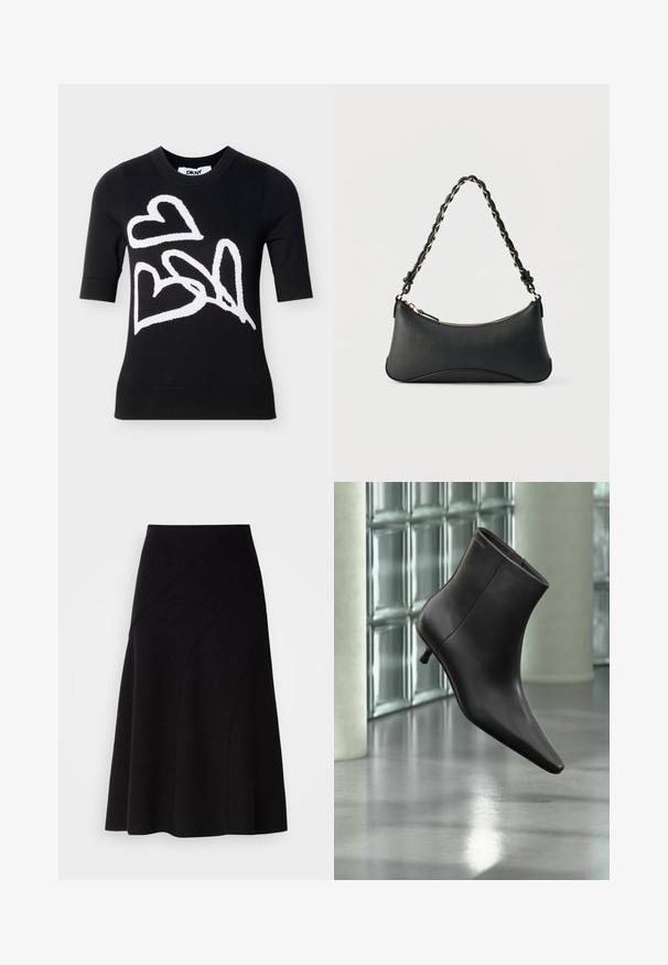 Zwarte trui met korte mouwen met drie grote witte harten in abstracte stijl op de voorkant, ronde hals, DKNY-label aan de binnenkant van de kraag.; Zwarte wollen A-lijn rok met een middelhoge taille, voorzien van diagonale naaddetails en een gladde textuur, die net onder de knie valt.; Zwarte leren enkellaars met puntige neus en lage hak, afgebeeld tegen een glazen blokkenmuur en gepolijste vloer op de achtergrond.; Zwarte lederen schoudertas met een gebogen rechthoekige vorm, gouden ketting verweven in een gevlochten zwarte band, en een ritssluiting bovenop.