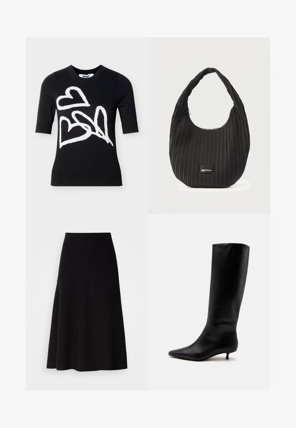 Schwarzer kurzärmeliger Pullover mit drei großen, weiß umrandeten Herzen im abstrakten Stil auf der Vorderseite, Rundhalsausschnitt, DKNY-Etikett im Innenkragen.; Schwarzer Woll-A-Linien-Rock mit mittelhohem Bund, der diagonale Nahtdetails und eine glatte Textur aufweist und knapp unter das Knie fällt.; Schwarzer kniehoher Lederstiefel mit spitz zulaufender Schuhspitze und niedrigem Kittenabsatz vor einem schlichten hellen Hintergrund.; Schwarze Schultertasche aus plissiertem Stoff mit Reißverschluss und rechteckigem Karl Lagerfeld Jeans Logo-Patch auf der Vorderseite.