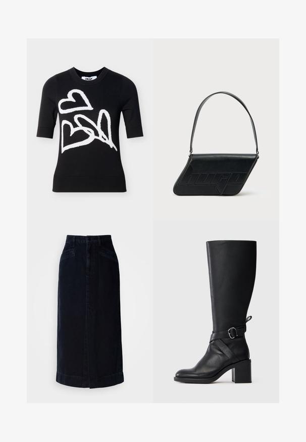 Sort kortærmet sweater med tre store hvide hjerter i abstrakt stil på fronten, rund halsudskæring, DKNY-mærke inde i kraven.; Mørk denim midi nederdel med høj talje, frontknaplukning og sidelommer; har en lige skæring og en subtil kantdetalje.; Sort læder støvle til midt på læggen med blokhæl og dekorativ strop med sølvfarvet spænde på en enkel lys baggrund.; Sort skuldertaske i læder med trekantet form, præget logo og en enkelt justerbar rem. Minimalistisk design med glat tekstur.