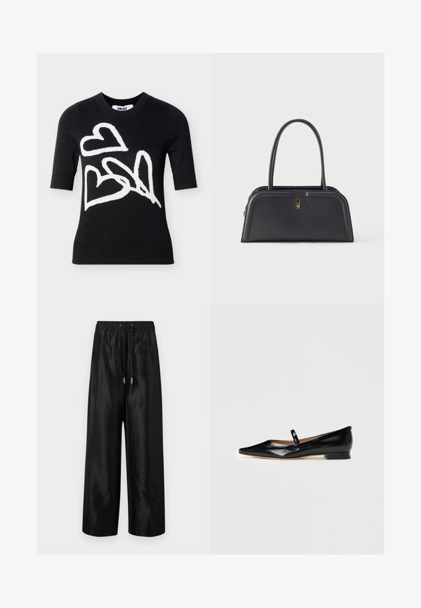 Schwarzer kurzärmeliger Pullover mit drei großen, weiß umrandeten Herzen im abstrakten Stil auf der Vorderseite, Rundhalsausschnitt, DKNY-Etikett im Innenkragen.; Schwarze weit geschnittene Hose aus glänzendem Stoff mit einem elastischen Bund und Kordelzug, ausgestattet mit silbernen Hardware-Akzenten.; Schwarze Lackleder-Mary-Jane-Ballerinas mit spitzem Schuh und einem einfachen Riemen sowie niedrigem Absatz auf einfarbigem Hintergrund.; Schwarze Ledertasche mit strukturiertem Design, ausgestattet mit einem Tragegriff oben und einem kleinen goldfarbenen Akzent vorne.